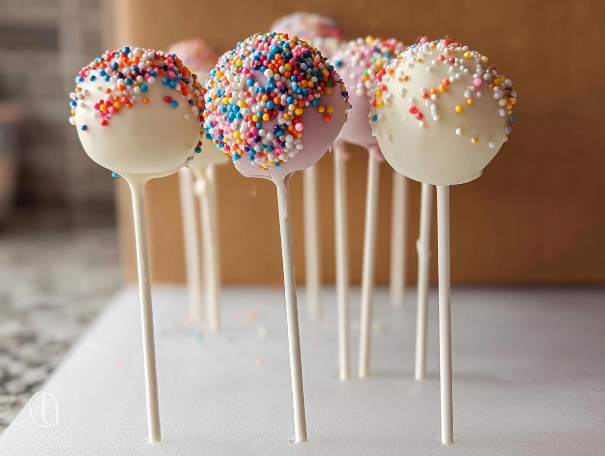 Several finished Birthday Cake Pops dipped in white and pink coating and covered in rainbow sprinkles, standing upright.