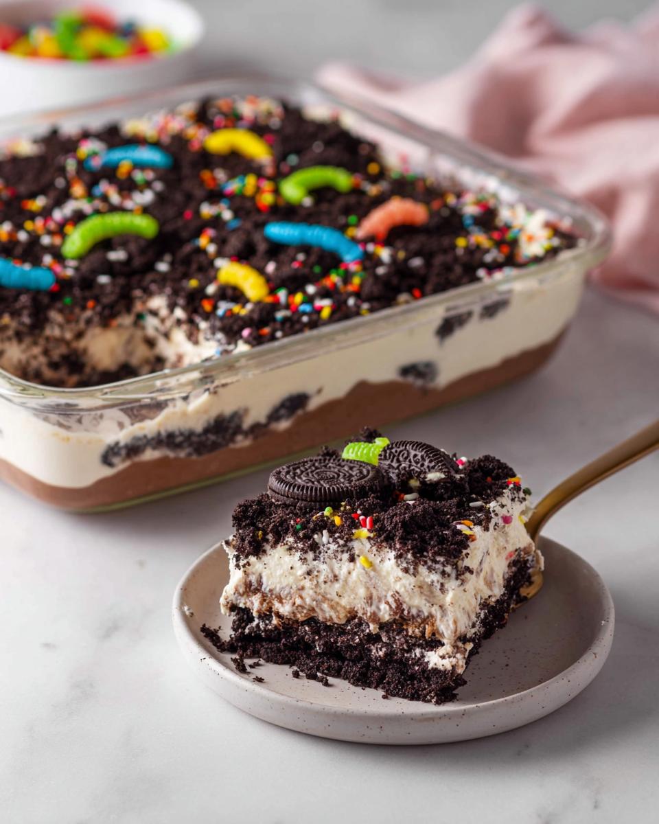 A slice of creamy Birthday Dirt Cake topped with crushed cookies, sprinkles, and gummy worms, being lifted from the pan.