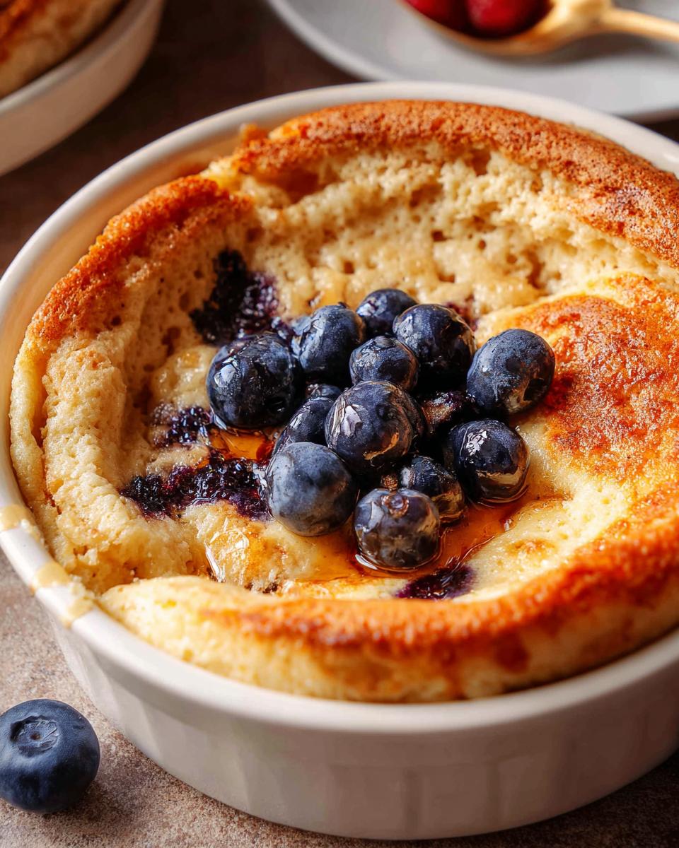 Close-up of a golden brown Baked Pancake Bowl topped with fresh blueberries and syrup.
