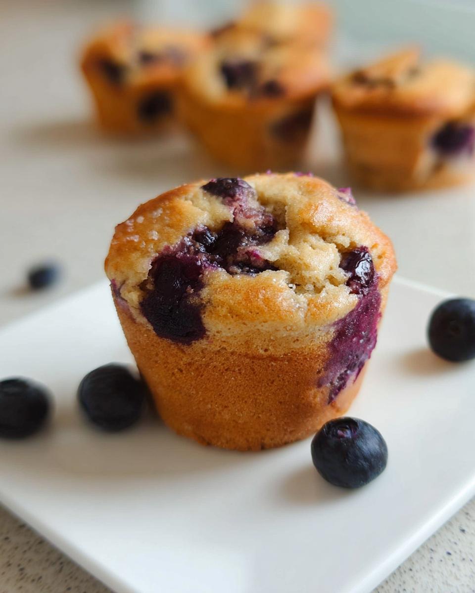 A single, golden-brown Blueberry Cottage Cheese Muffin with visible burst blueberries on a white plate.