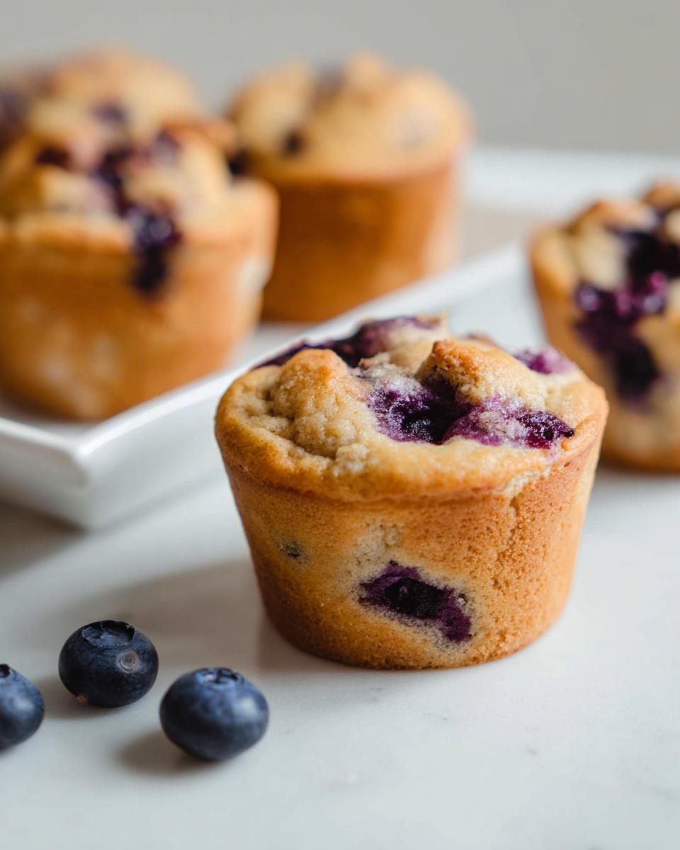 A close-up of a freshly baked Blueberry Cottage Cheese Muffin with visible blueberries on a white surface.
