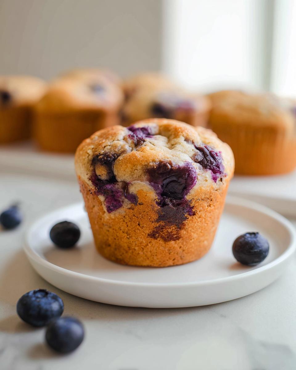 A single, golden-brown Blueberry Cottage Cheese Muffin sits on a white plate with fresh blueberries scattered around it.