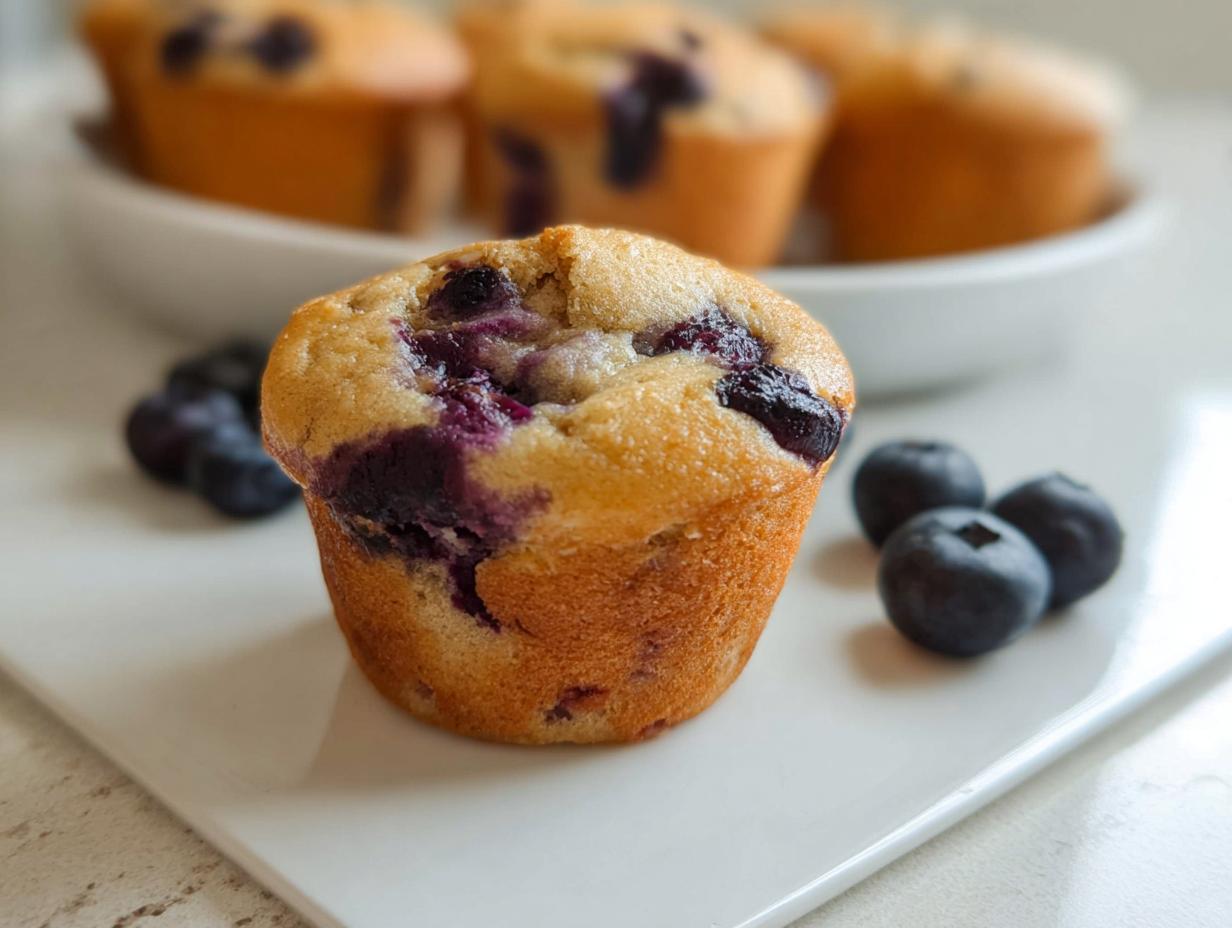 A single, golden-brown Blueberry Cottage Cheese Muffin sits on a white plate with fresh blueberries scattered nearby.