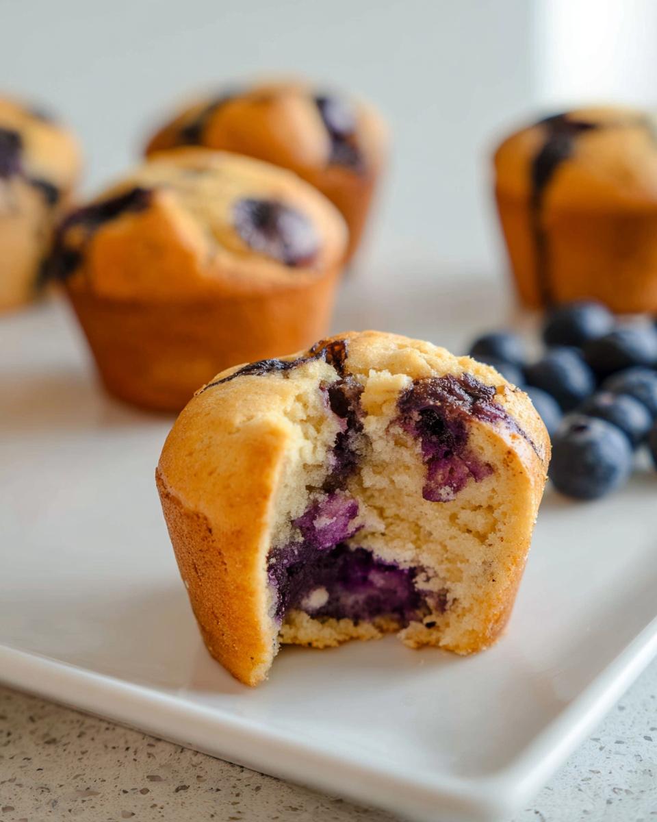 A close-up of a Blueberry Cottage Cheese Muffin with a bite taken out, showing the moist interior and burst blueberries.
