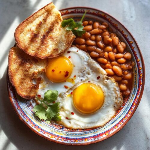 A vibrant Breakfast Plate with Beans and Eggs, featuring two sunny-side-up eggs, baked beans, and grilled toast.