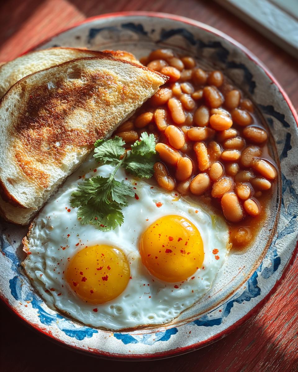 Close-up of a Breakfast Plate with Beans and Eggs, toast, and cilantro garnish.