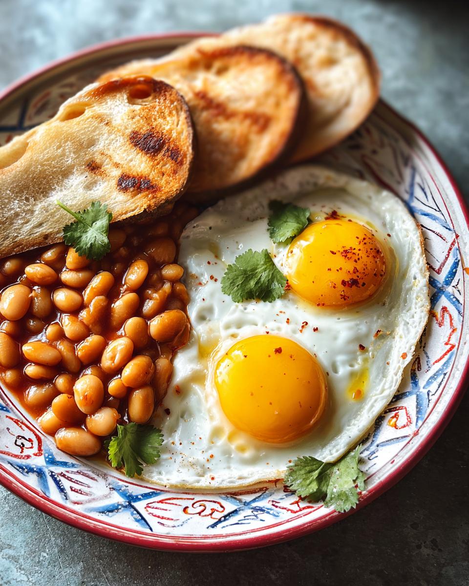 Close-up of a Breakfast Plate with Beans and Eggs, served with toasted bread and garnished with cilantro.