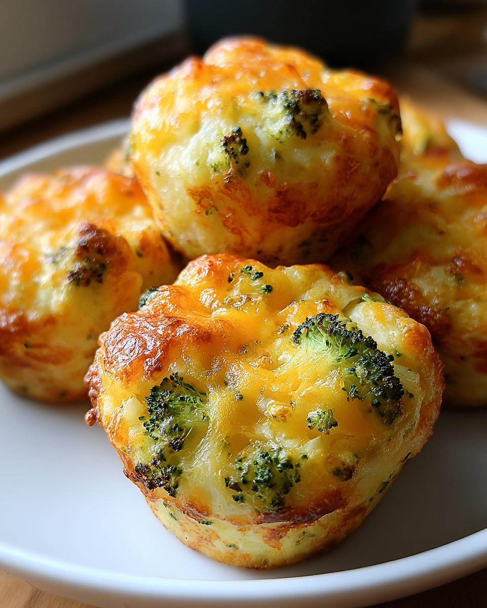 Close-up of several golden-brown Broccoli Cheddar Potato Puffs topped with melted cheese and visible broccoli florets.