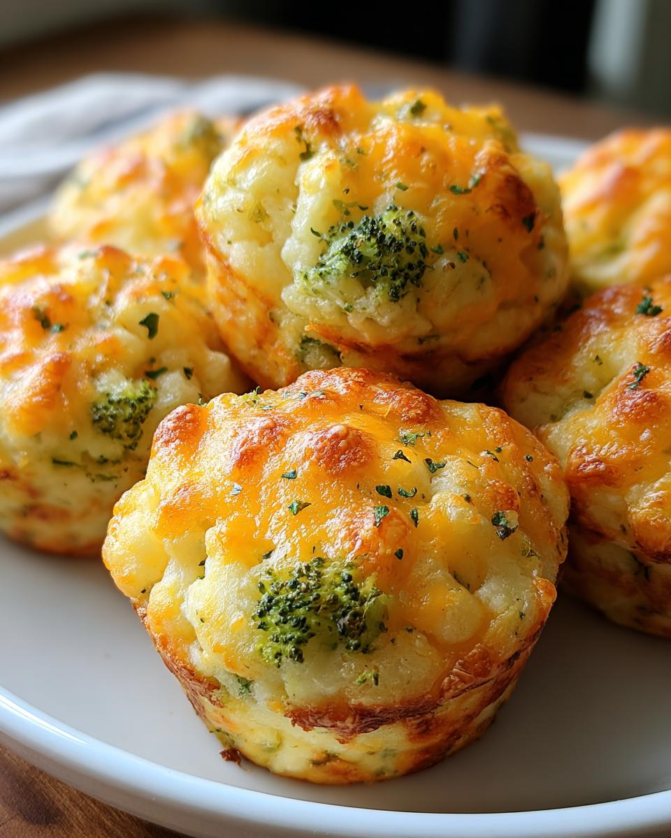 Close-up of several golden-brown Broccoli Cheddar Potato Puffs topped with melted cheese.
