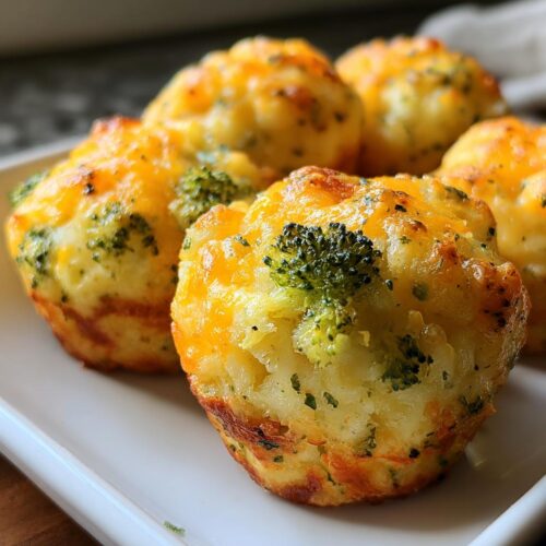 Close-up of several golden-brown Broccoli Cheddar Potato Puffs topped with melted cheese and visible broccoli florets.