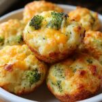 A close-up of several golden-brown Broccoli Cheddar Potato Puffs stacked in a white bowl, topped with melted cheese.