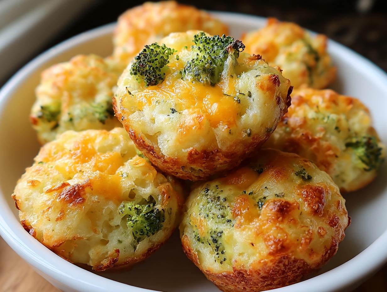 A close-up of several golden-brown Broccoli Cheddar Potato Puffs stacked in a white bowl, topped with melted cheese.