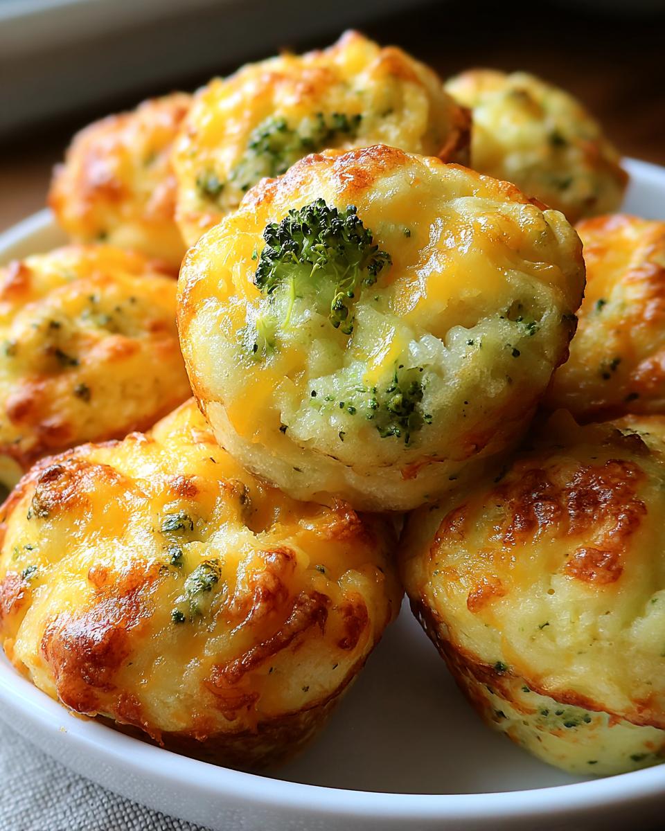 A close-up stack of golden-brown Broccoli Cheddar Potato Puffs topped with melted, bubbly cheese.