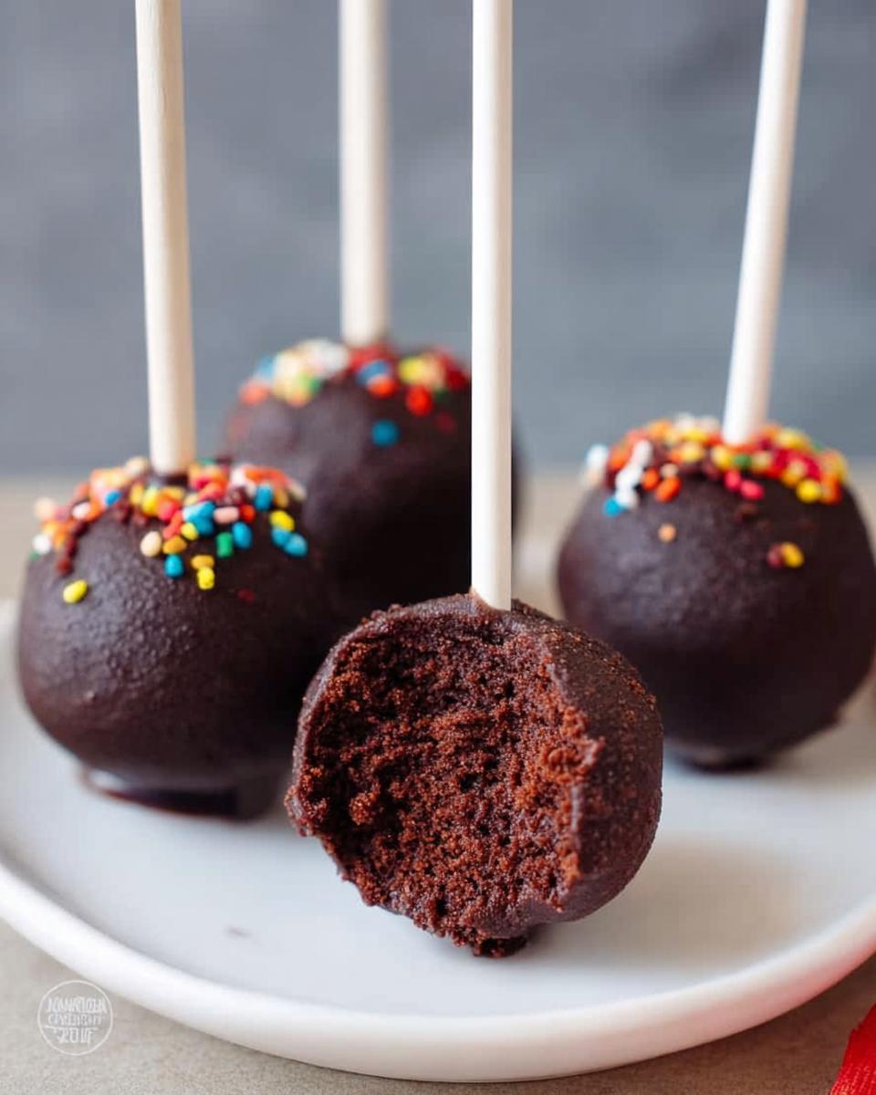 Four rich chocolate Brownie Batter Cake Pops on sticks, one with a bite taken out showing the moist interior.