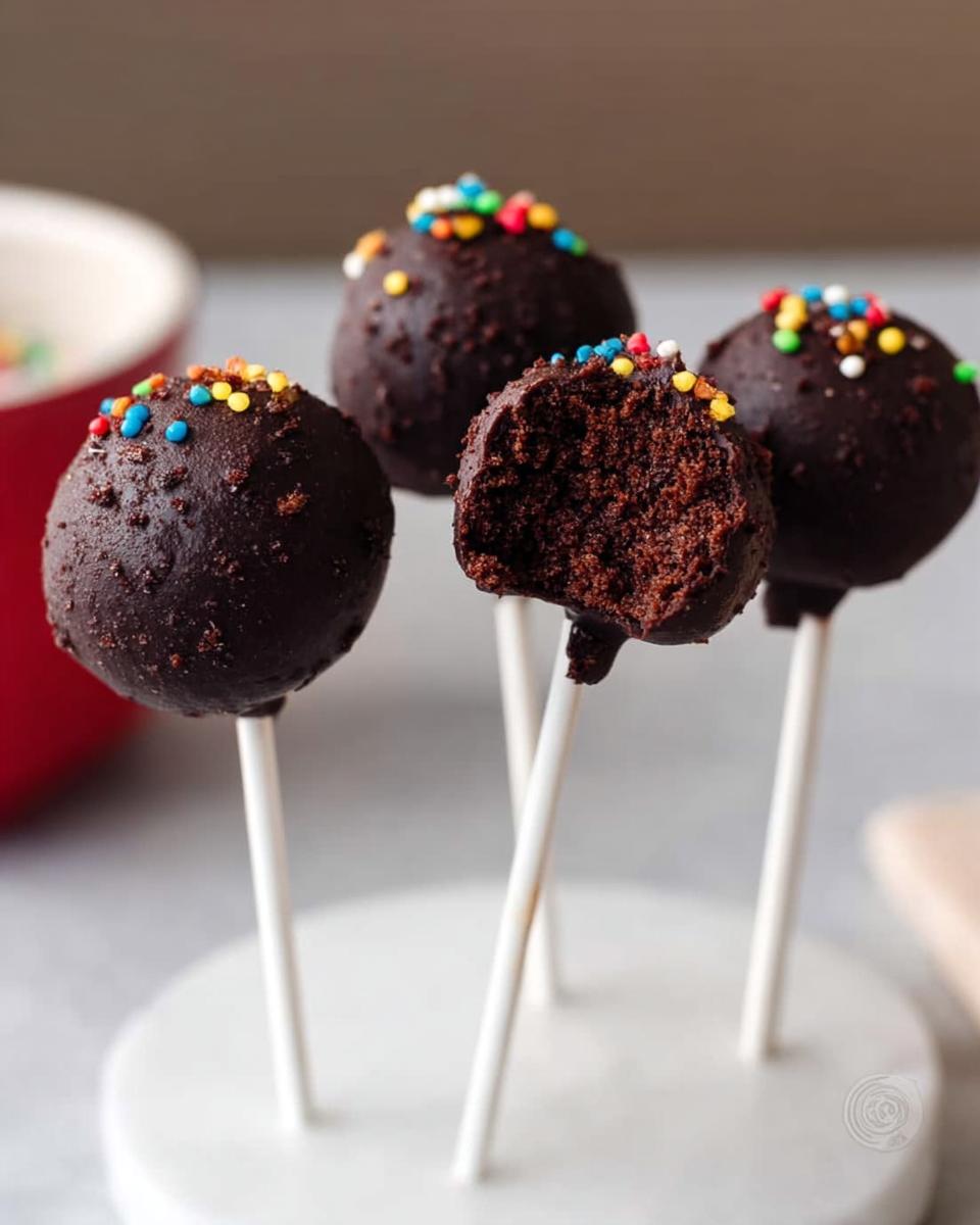 Four rich, dark chocolate Brownie Batter Cake Pops displayed, one showing a bite taken out to reveal the dense interior.
