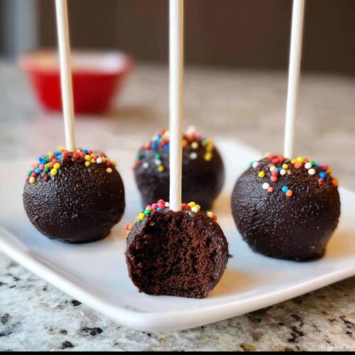 Four rich chocolate Brownie Batter Cake Pops on sticks, one is bitten to show the moist interior, topped with rainbow sprinkles.