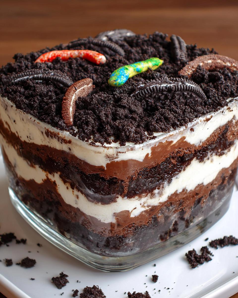 Close-up of a layered Brownie Dirt Cake in a glass dish, topped with crushed cookies and gummy worms.