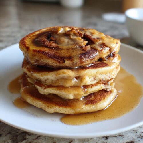 A tall stack of fluffy Brunch Pancakes with Cinnamon Swirl, drizzled generously with a light brown glaze.