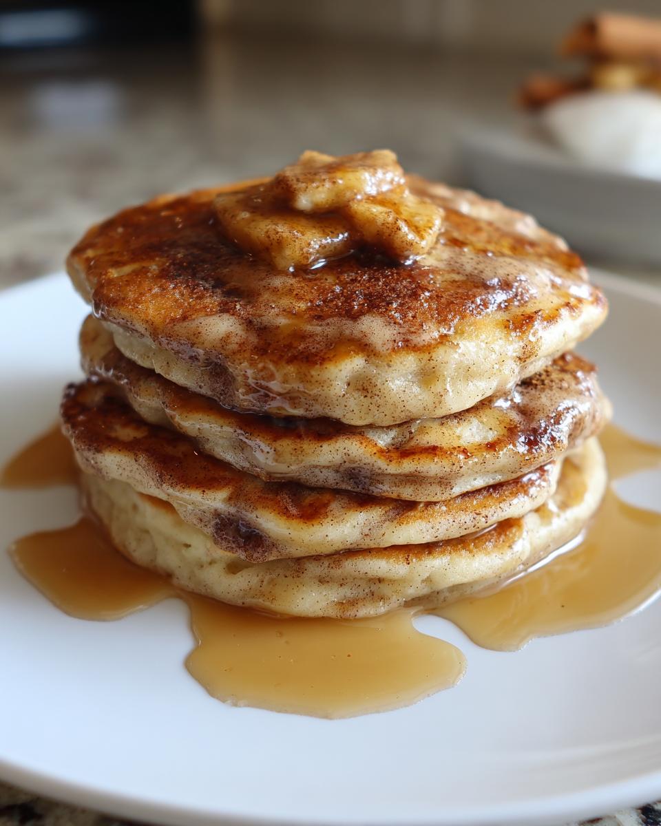 A tall stack of fluffy Brunch Pancakes with Cinnamon Swirl, topped with cinnamon butter and drizzled with syrup.