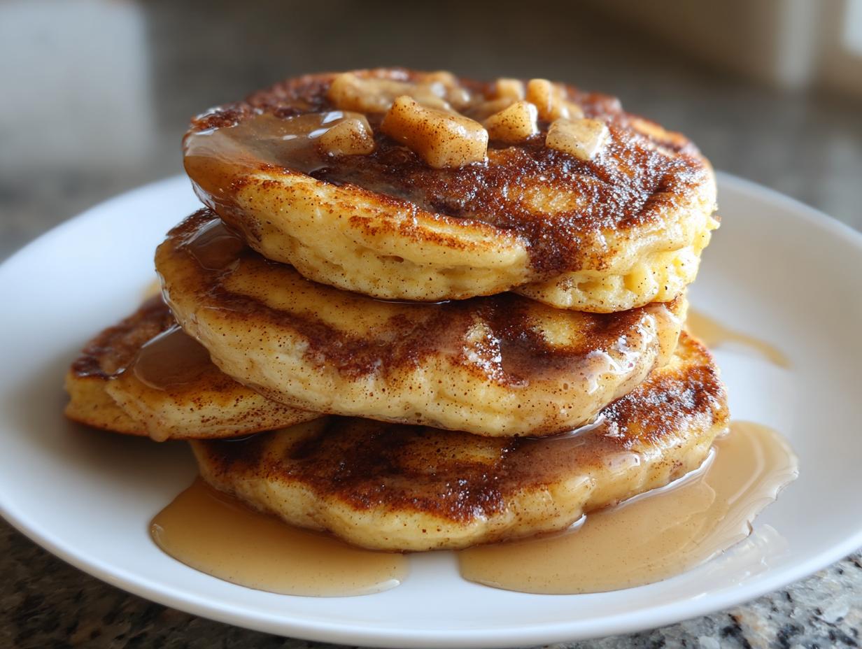 A tall stack of fluffy Brunch Pancakes with Cinnamon Swirl, drizzled with syrup and topped with diced apples.