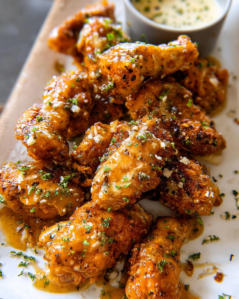 A pile of crispy chicken wings coated in a glossy sauce, sprinkled with Parmesan and parsley, representing Buffalo Wild Wings Garlic Parm Chicken.