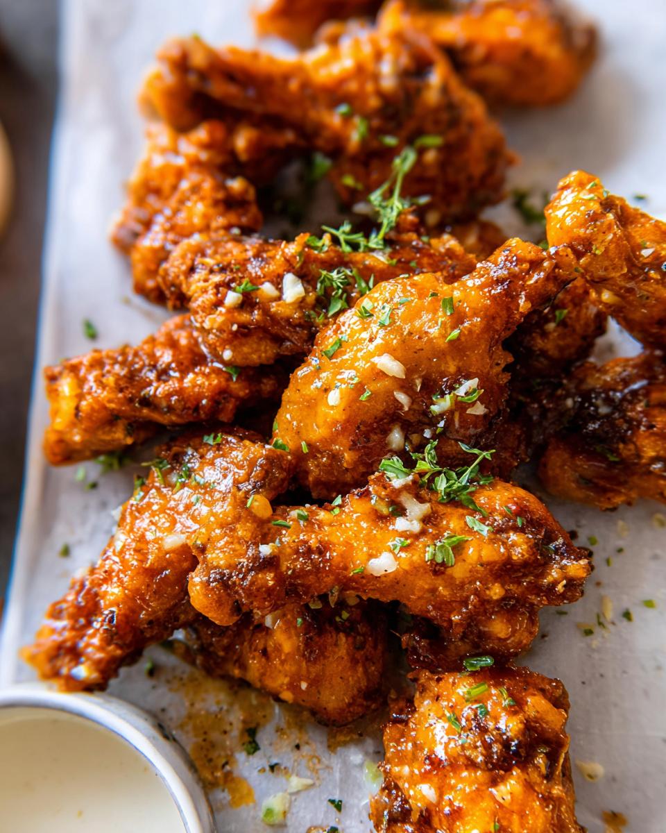 Close-up of crispy, saucy Buffalo Wild Wings Garlic Parm Chicken wings garnished with minced garlic and parsley.