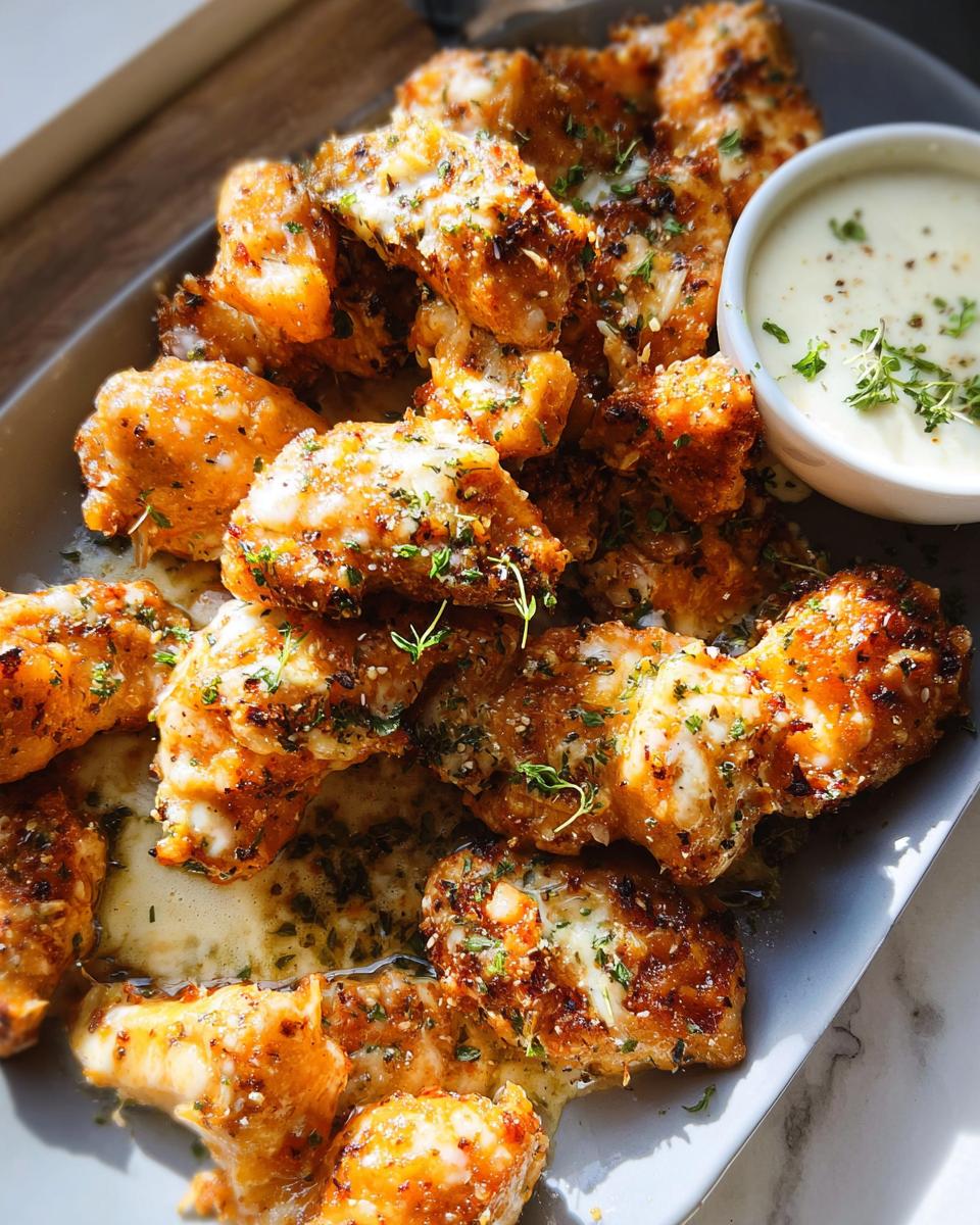 A platter of crispy, saucy Buffalo Wild Wings Garlic Parm Chicken wings topped with melted cheese and herbs, served with a side of creamy dipping sauce.