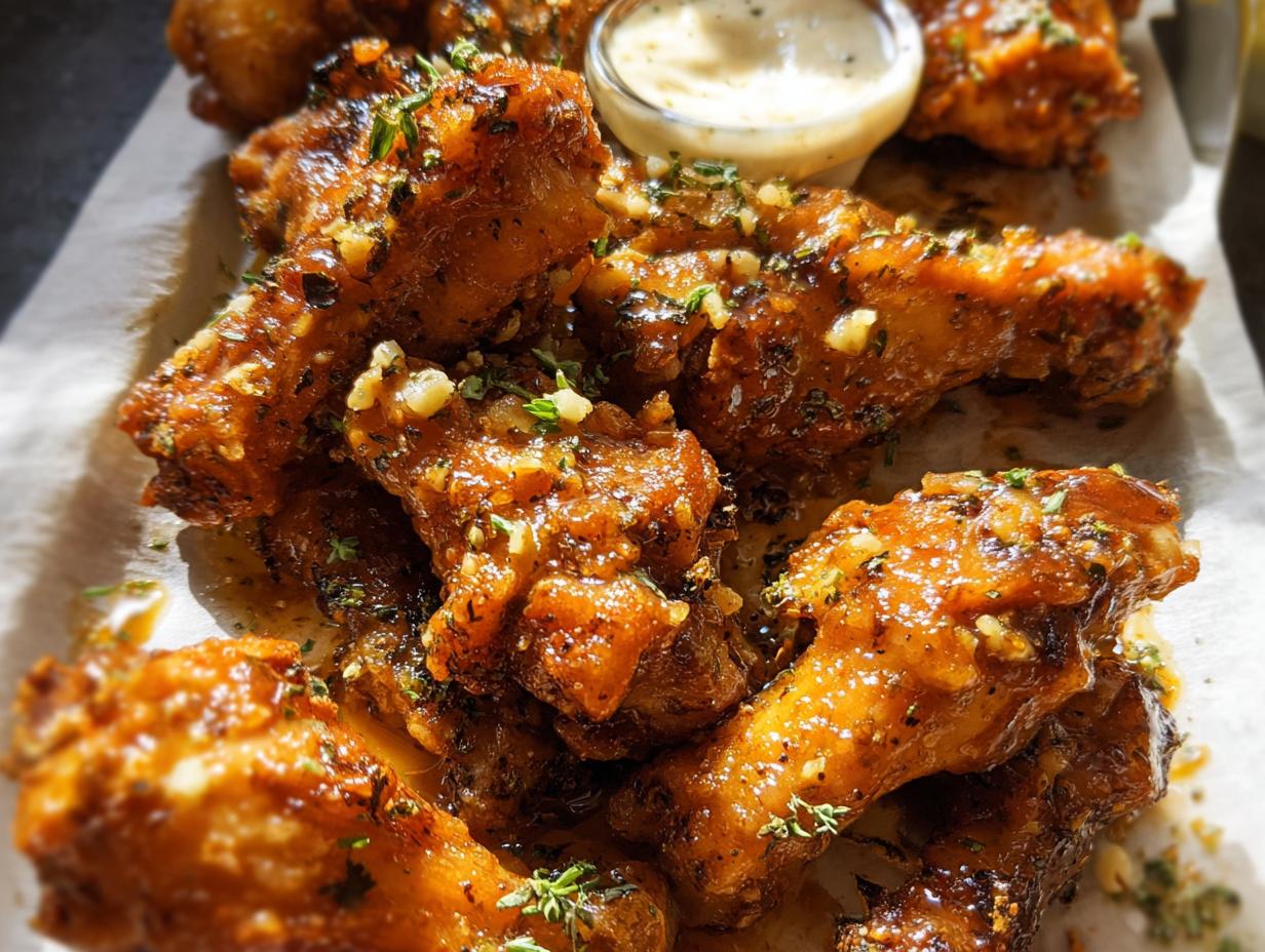 Close-up of crispy chicken wings coated in glistening sauce and topped with minced garlic and herbs, resembling Buffalo Wild Wings Garlic Parm Chicken.