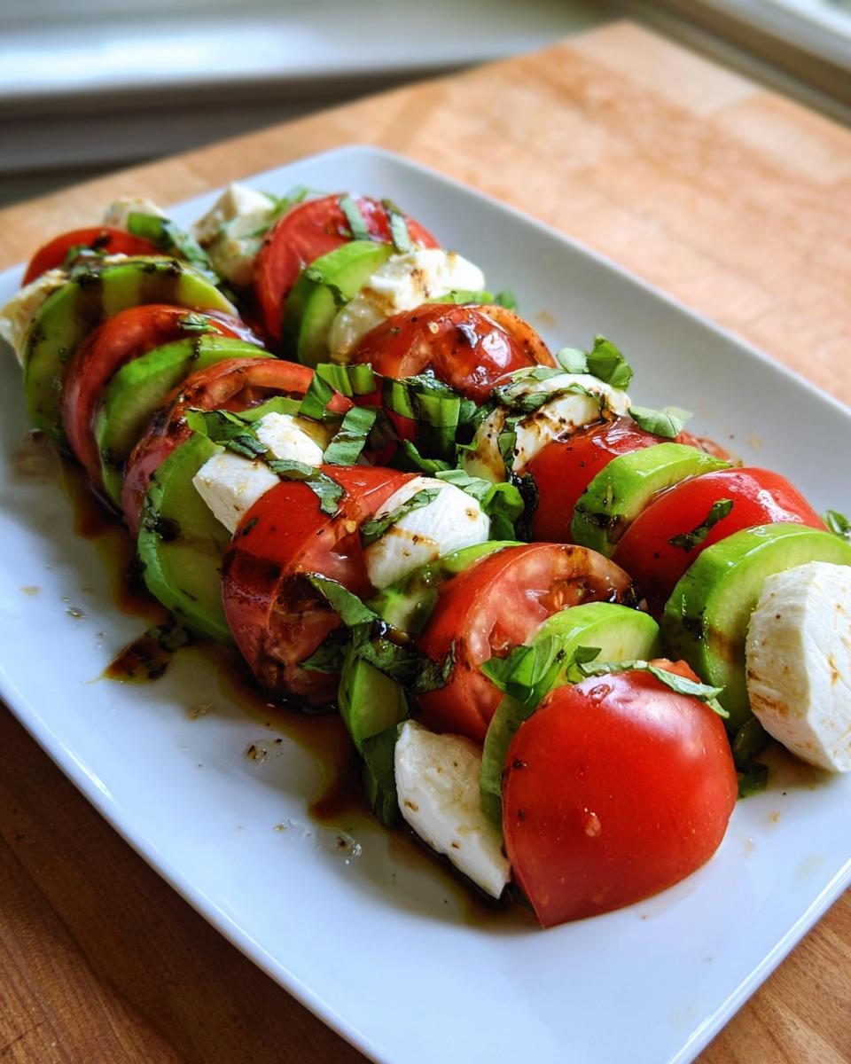 Arrangement of sliced tomatoes, cucumbers, and mozzarella cheese for Caprese Salad with Basil & Cucumber.