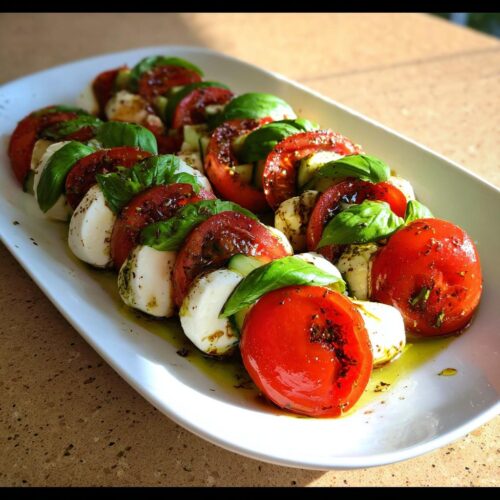 A platter of Caprese Salad with Basil & Cucumber, featuring alternating slices of tomato, mozzarella, and cucumber, drizzled with oil.