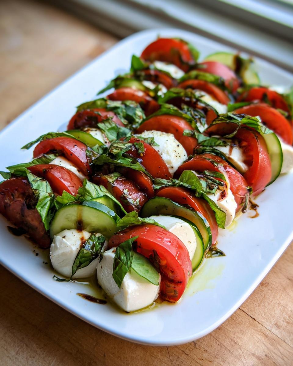 Platter of Caprese Salad with Basil & Cucumber, featuring alternating slices of tomato, mozzarella, and cucumber drizzled with balsamic glaze.