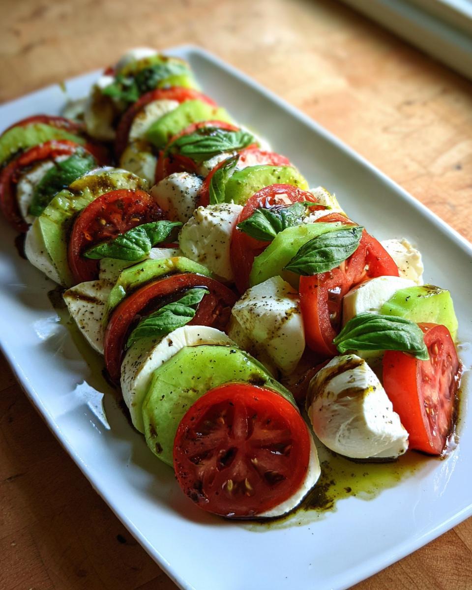 A row of sliced tomatoes, mozzarella, and cucumber layered with basil leaves, drizzled with balsamic glaze, forming a Caprese Salad with Basil & Cucumber.