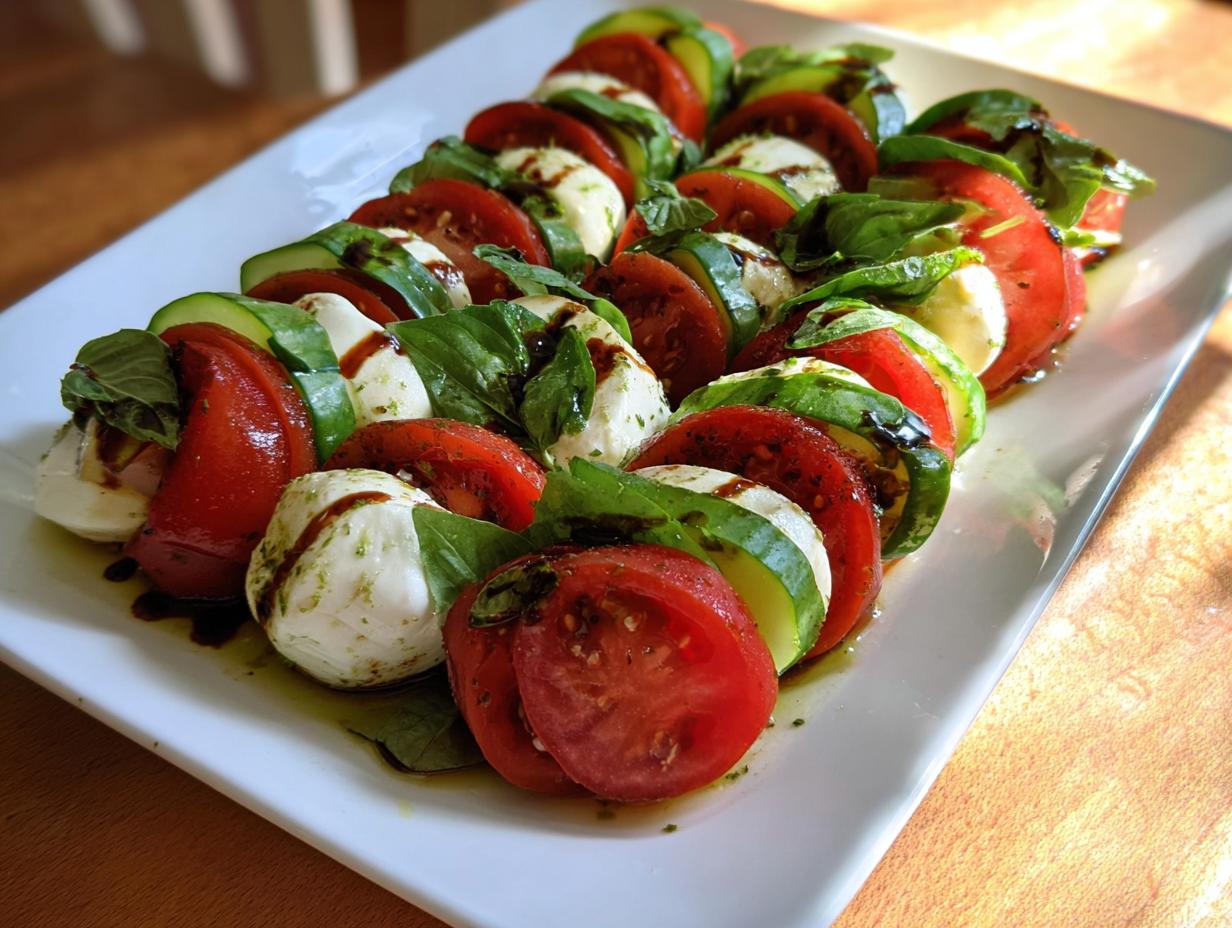 Arrangement of sliced tomatoes, mozzarella balls, cucumbers, and basil leaves for Caprese Salad with Basil & Cucumber.