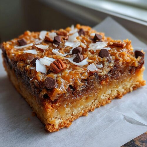 A single square of Caramel Magic Cookie Bars showing the thick crust and gooey topping with coconut, pecans, and chocolate chips.