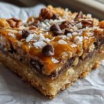A decadent square of Caramel Magic Cookie Bars featuring a thick caramel layer, chocolate chips, pecans, and shredded coconut.
