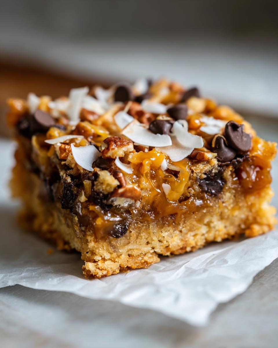 A close-up view of a square slice of Caramel Magic Cookie Bars showing the gooey caramel, pecans, chocolate chips, and coconut flakes.