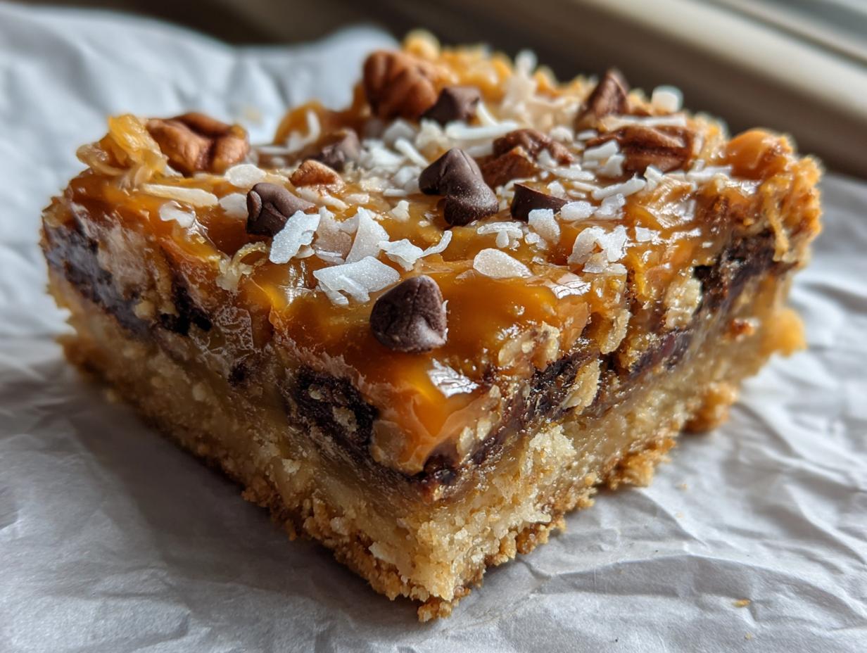 A decadent square of Caramel Magic Cookie Bars featuring a thick caramel layer, chocolate chips, pecans, and shredded coconut.