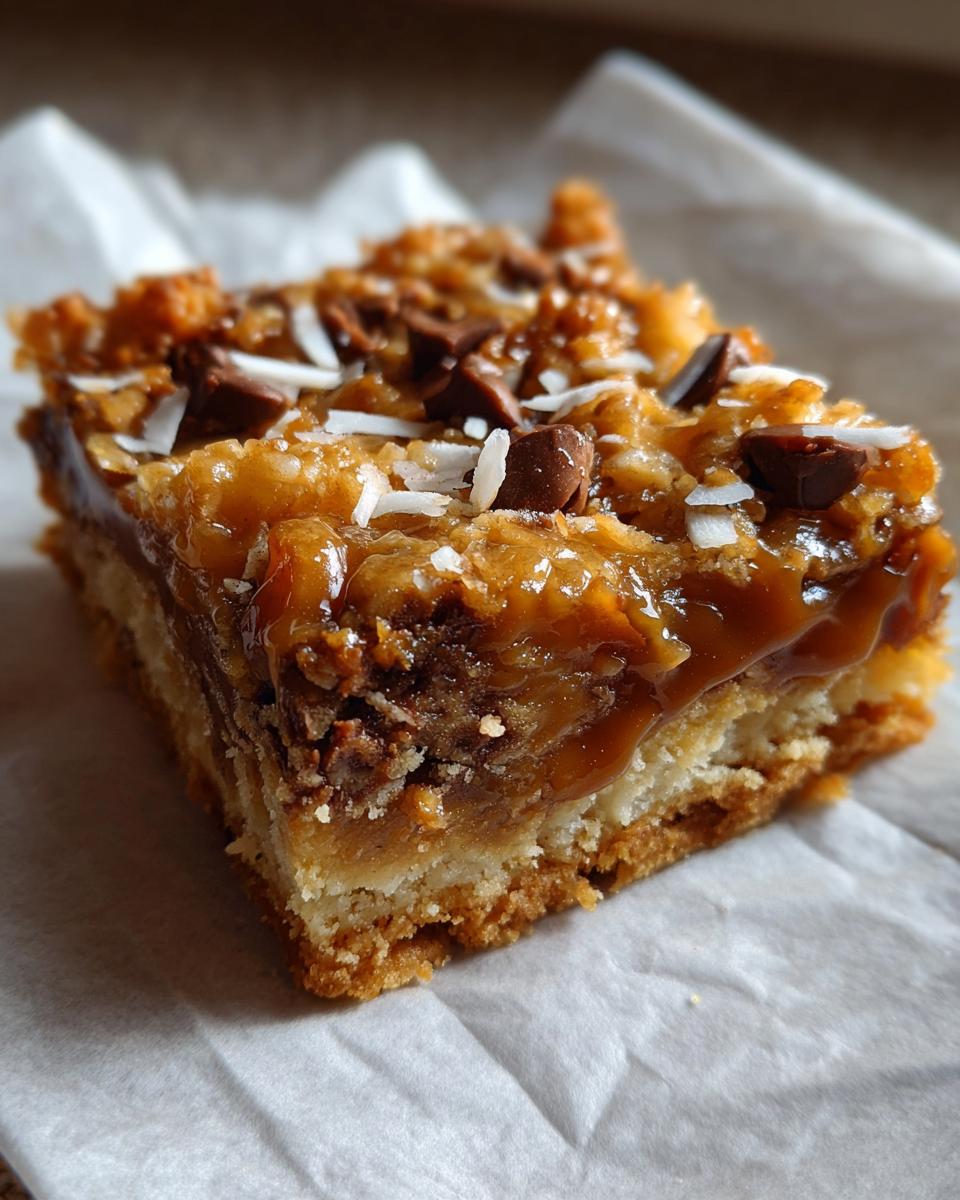 A decadent slice of Caramel Magic Cookie Bars showing a thick crust, gooey caramel layer, chocolate chips, and coconut.