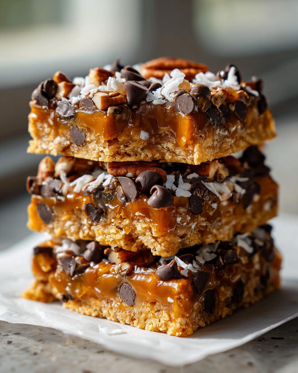 A stack of three rich Caramel Magic Cookie Bars topped with pecans, chocolate chips, and coconut.