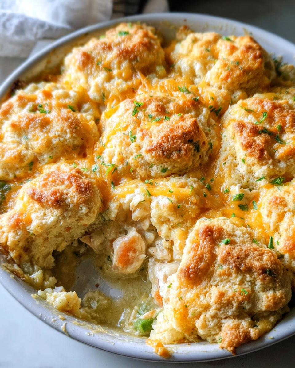 Close-up of a baked Cheddar Biscuit Chicken Pot Pie with golden biscuits and melted cheese.