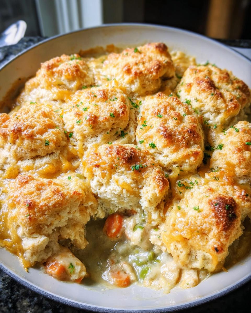 Close-up of a freshly baked Cheddar Biscuit Chicken Pot Pie with golden brown biscuits topping a creamy chicken and vegetable filling.