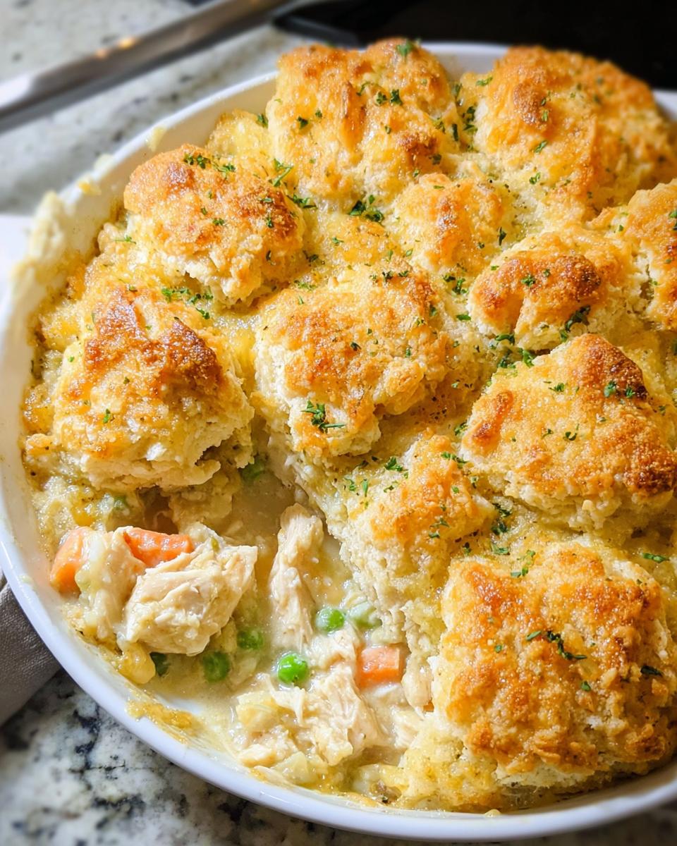 Close-up of Cheddar Biscuit Chicken Pot Pie with golden biscuits and creamy filling showing chicken, carrots, and peas.
