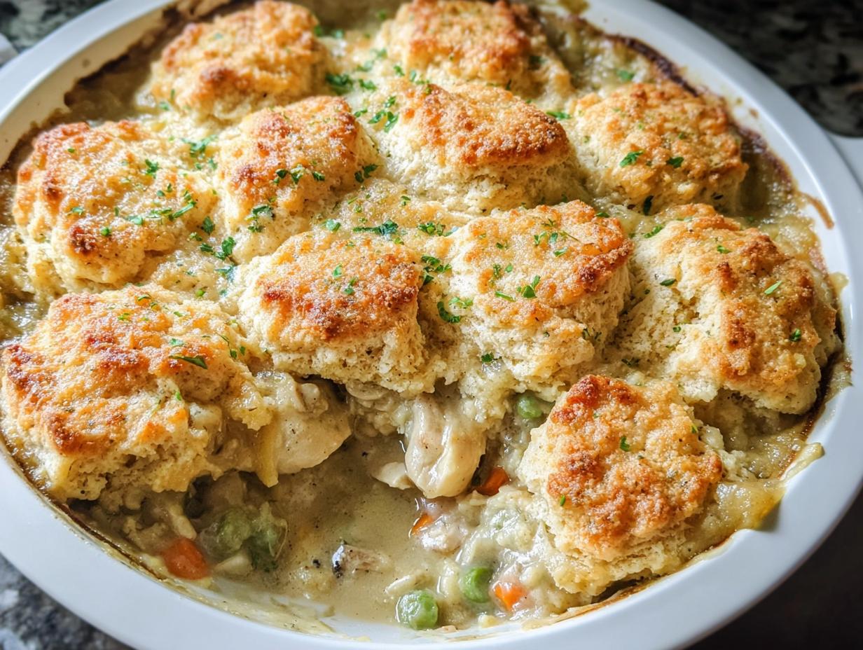 Close-up of a baked Cheddar Biscuit Chicken Pot Pie with golden tops, showing creamy filling and vegetables.