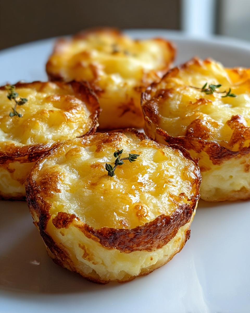 Four golden-brown Cheddar Mashed Potato Puffs with melted cheese topping and fresh thyme sprigs.