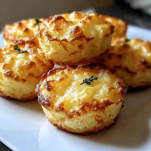 Close-up of several golden-brown Cheddar Mashed Potato Puffs stacked on a white plate, garnished with thyme.