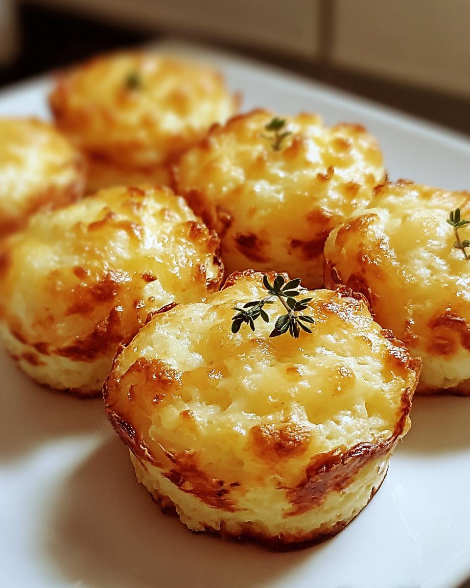 Close-up of golden brown Cheddar Mashed Potato Puffs, garnished with fresh thyme sprigs, served on a white plate.