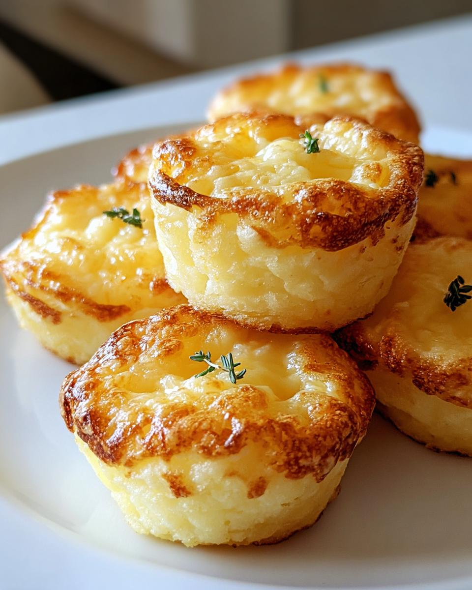 A stack of golden brown Cheddar Mashed Potato Puffs, topped with melted cheese and a sprig of thyme.