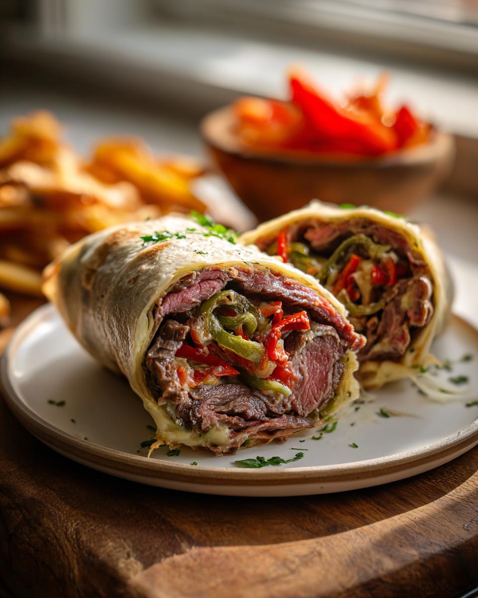 Cross-section view of a Cheesesteak Roll-Up Meal Prep filled with steak, green peppers, and red peppers.