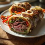 Cross-section of a savory Cheesesteak Roll-Up Meal Prep filled with sliced steak, peppers, and cheese.