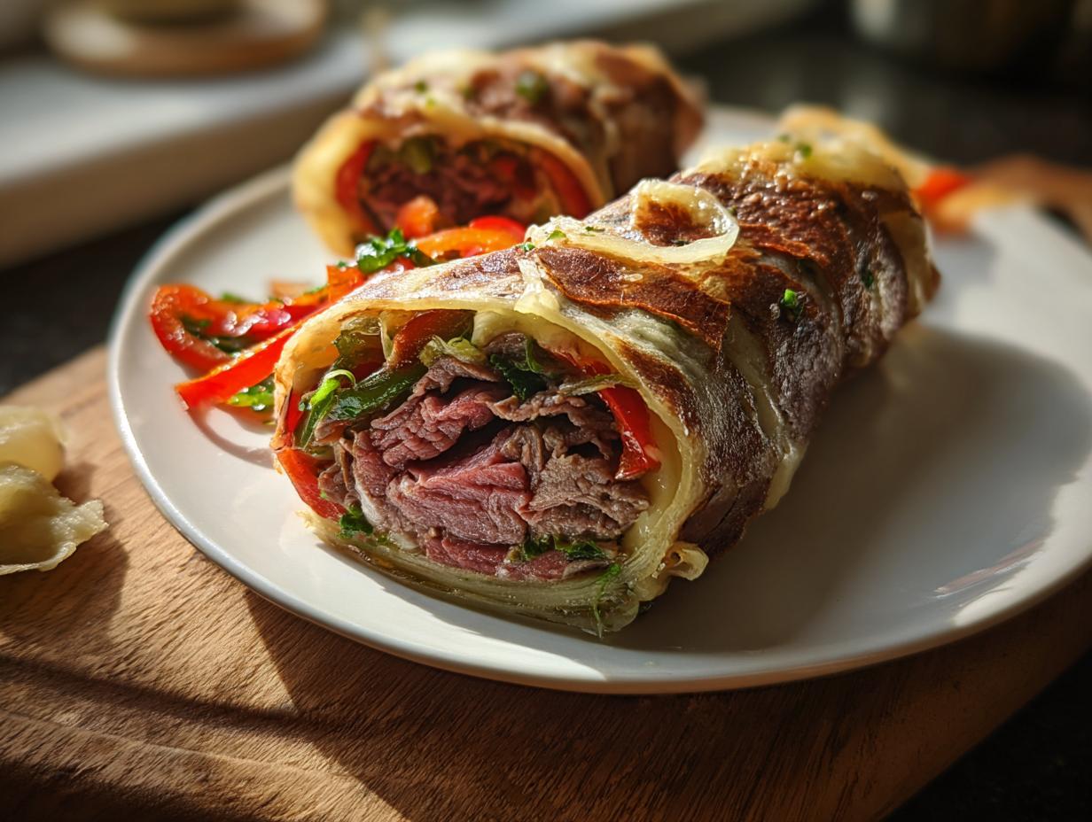 Cross-section of a savory Cheesesteak Roll-Up Meal Prep filled with sliced steak, peppers, and cheese.